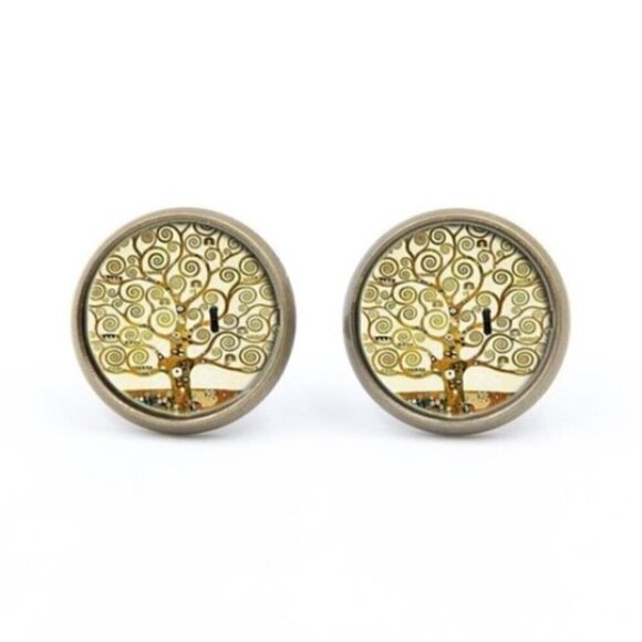 Gustav Klimt Tree of Life Art Glass Cabochon Round Antique Bronze Stud Earrings - Picture 1 of 3